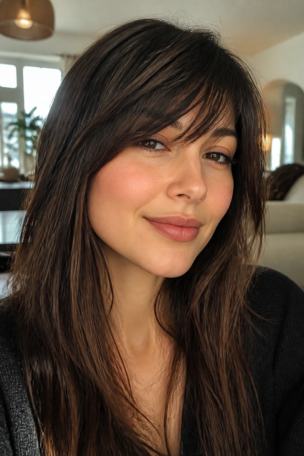 Close-up portrait of a real woman showcasing choppy side bangs with a piecey edge, natural window light