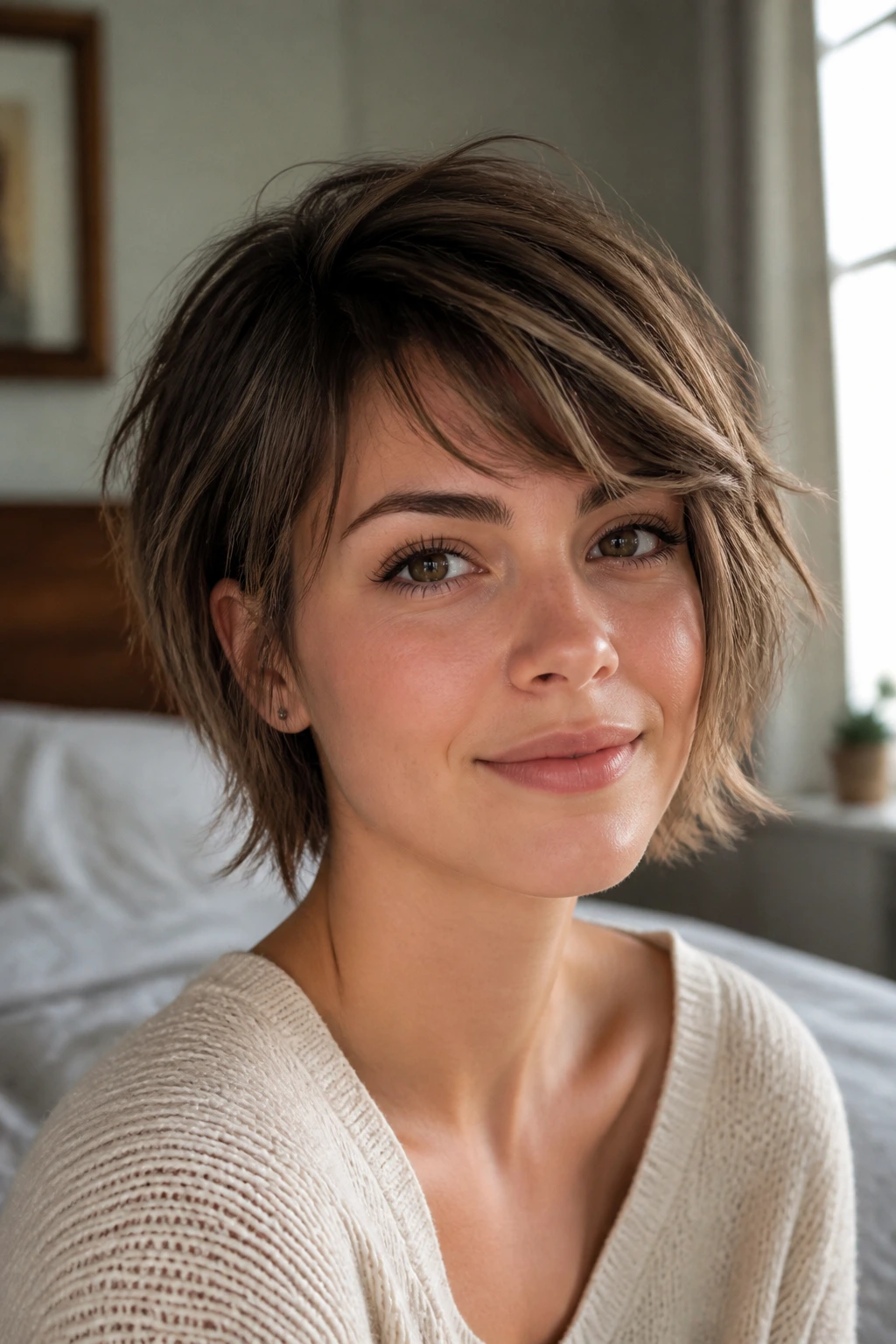 Portrait of a woman with a choppy side fringe in a cozy bedroom.