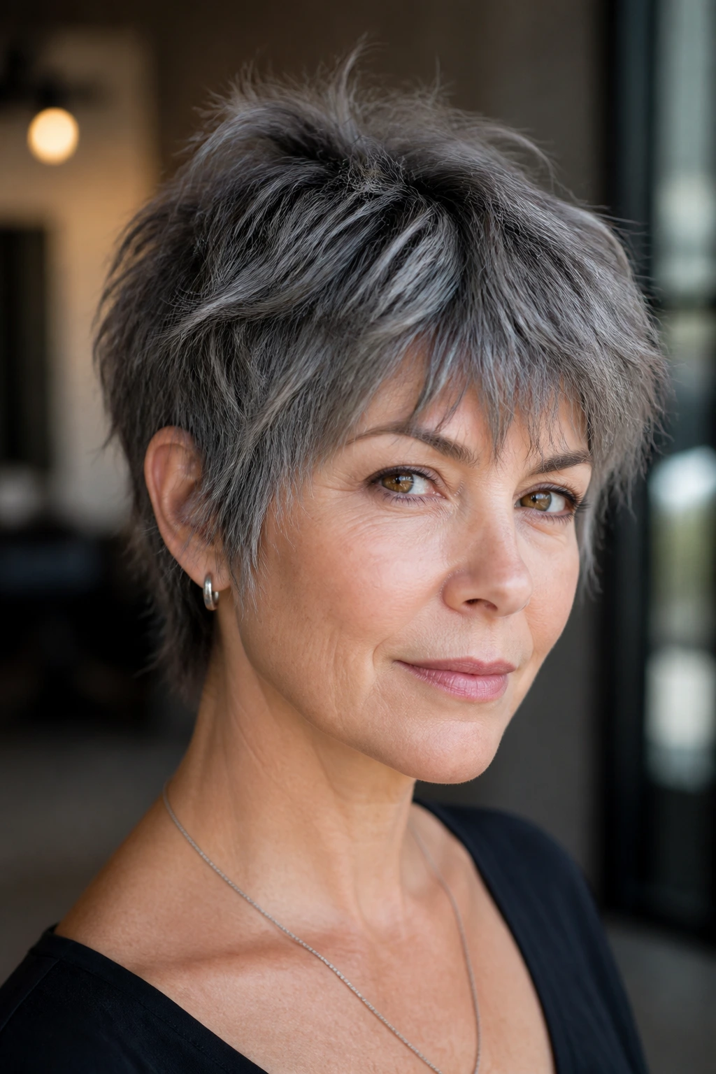 Smoky gray choppy slate shag pixie close-up on real person