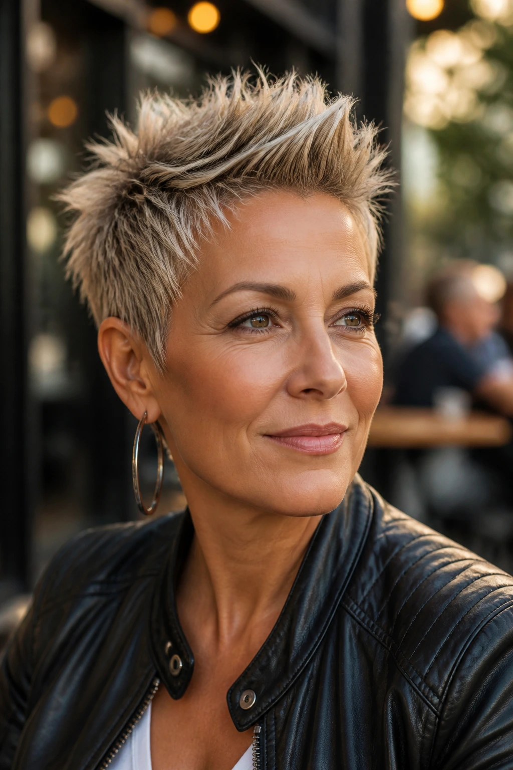 Close-up portrait of a real woman with a choppy spiky faux hawk in an urban setting.