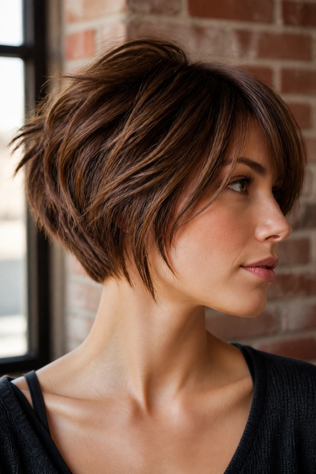 Real woman with a choppy stack and broken-up ends in an urban setting.