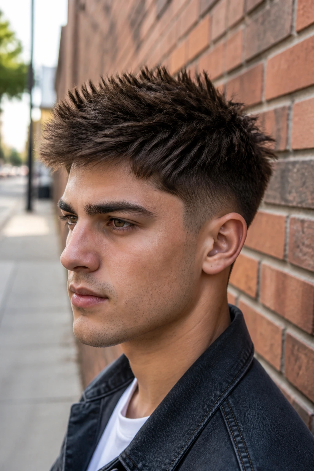 Close-up of a man with choppy low taper spikes on a brick-wall city backdrop.
