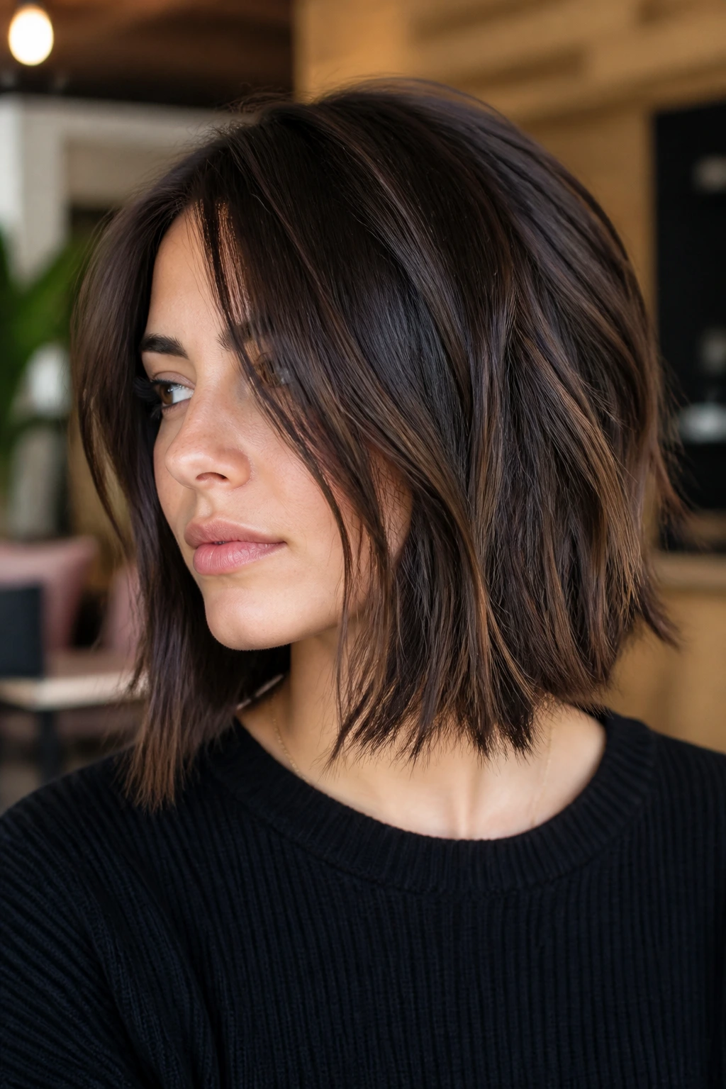 Portrait of a real woman with a dense, choppy texture lob in a bright lounge