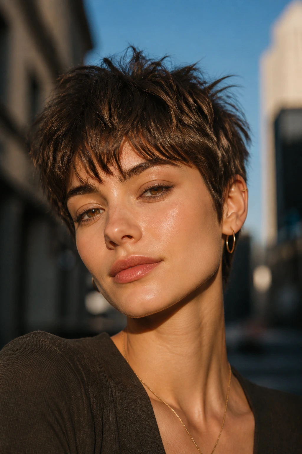 Real person with sharp choppy texture pixie cut showing defined fringe and crown