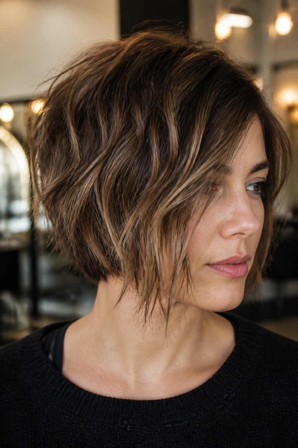Close-up of a real woman with a choppy textured asymmetrical bob, in a warm salon.