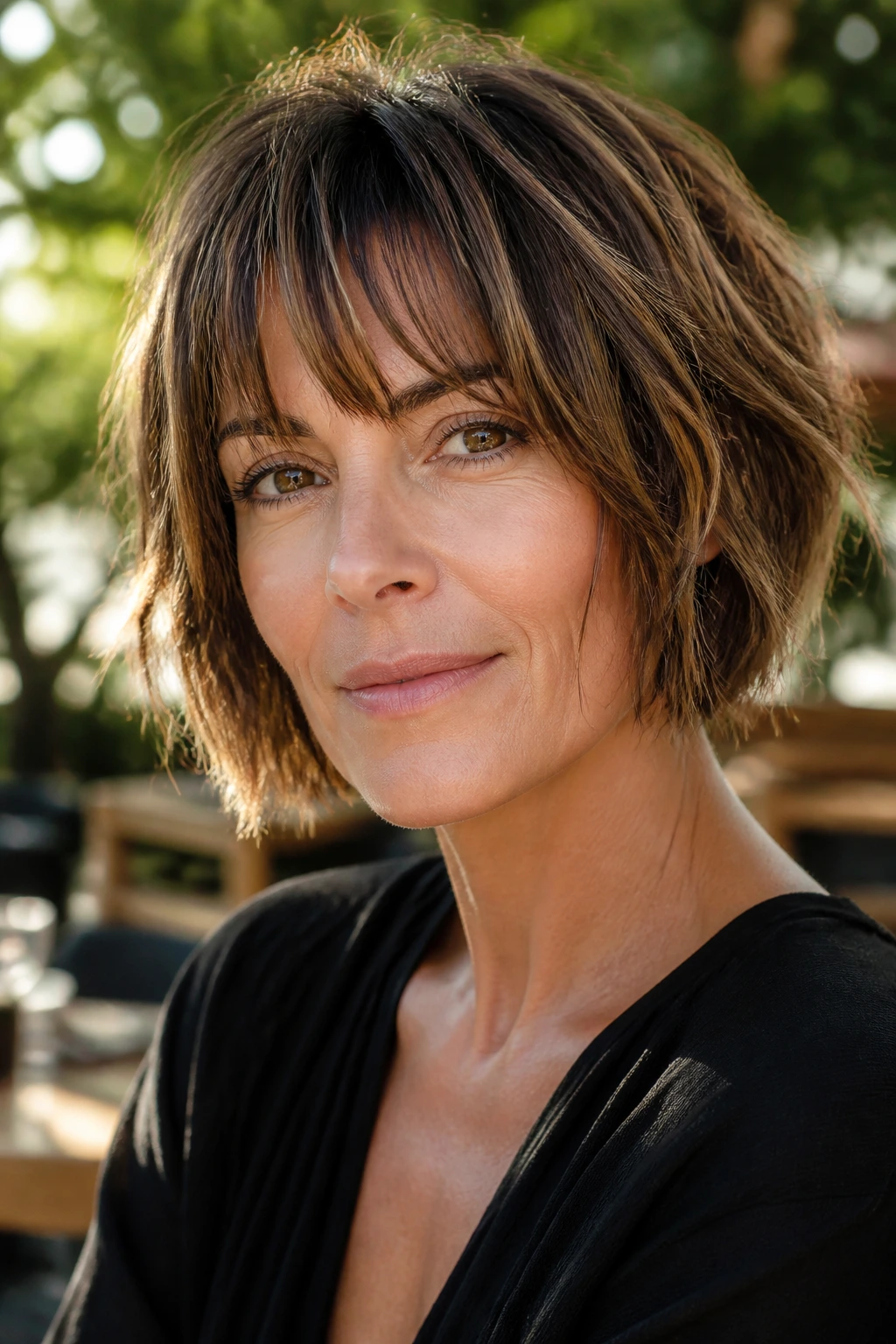 Close-up of a real woman with choppy textured bob and piecey bangs in golden hour light