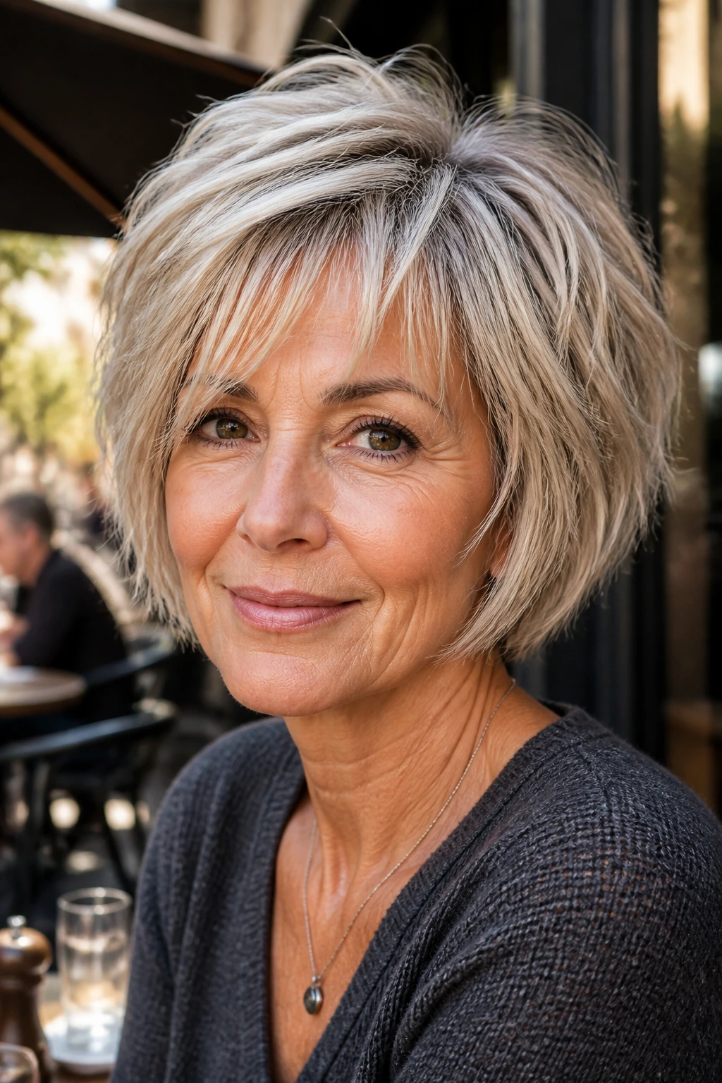 Close-up portrait of a real woman with a choppy textured bob in sunlight