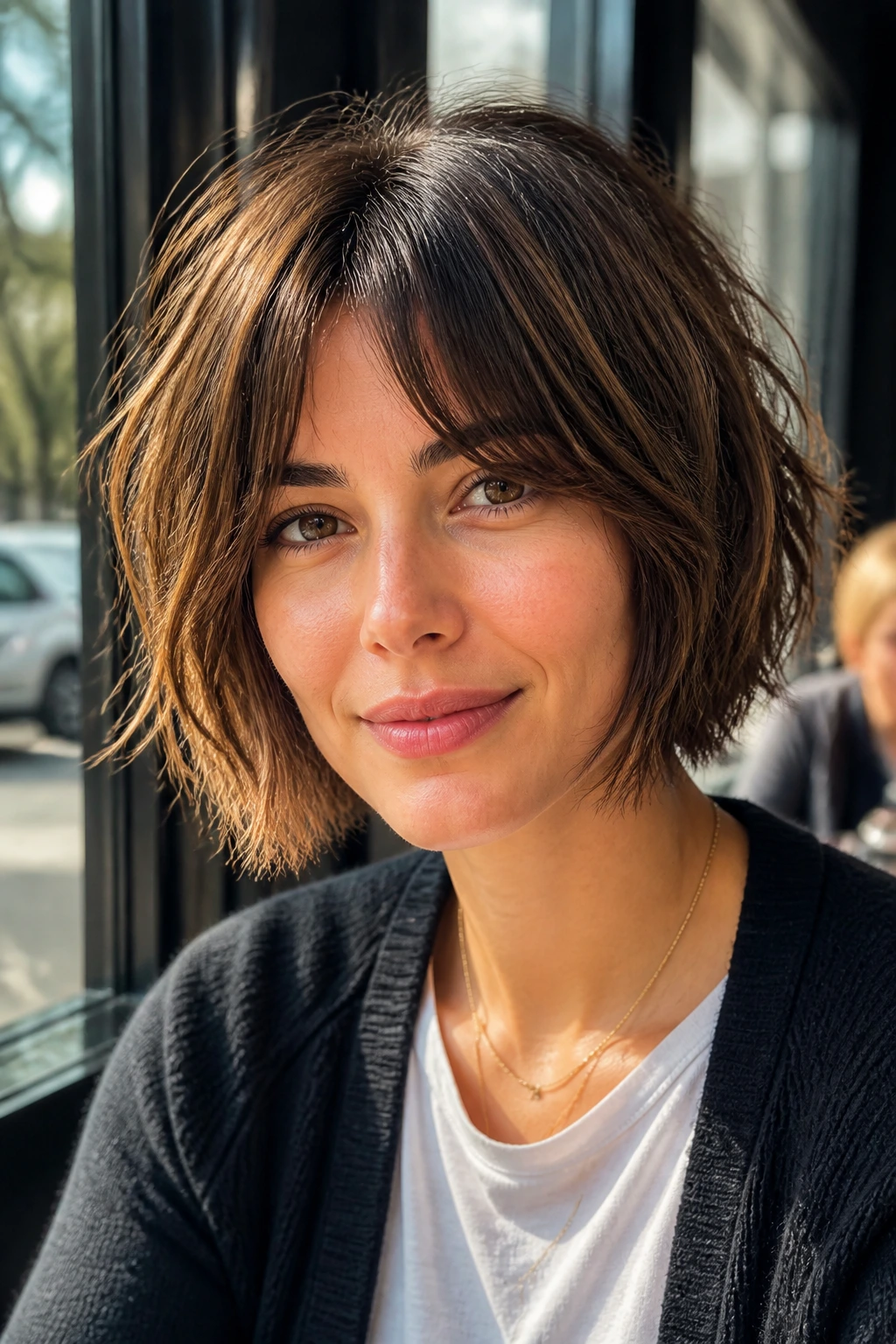 Close-up portrait of a real woman with choppy textured bob and piecey ends outdoors
