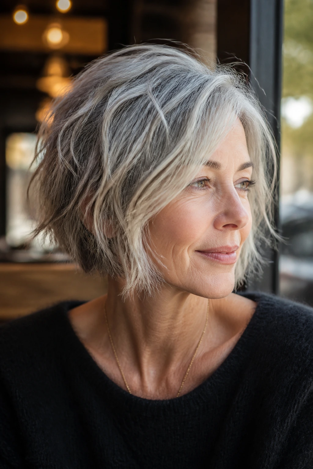 Close-up portrait of a real woman with a choppy textured silver bob and movement at the ends