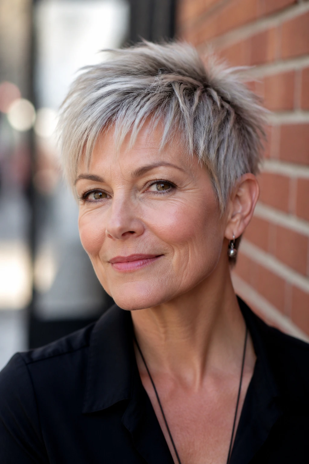 Portrait of a real woman with a choppy textured crop.