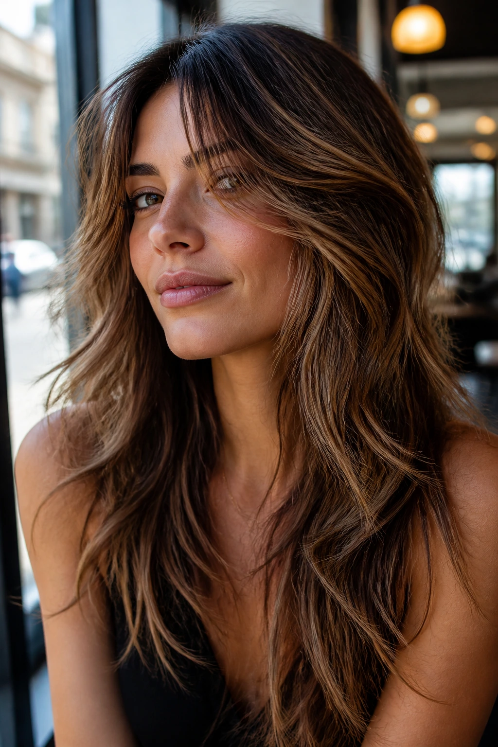 Close-up of real woman with choppy textured long hair and visible movement