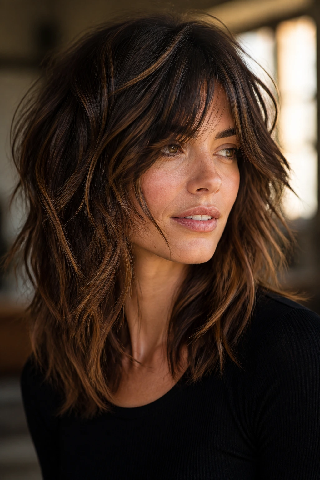 Close-up portrait of a real woman with choppy textured layers in thick hair