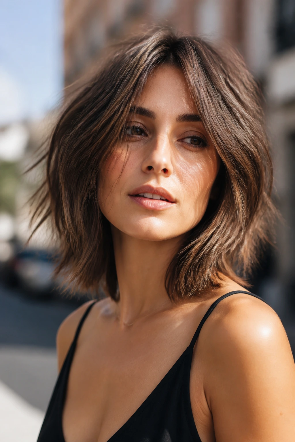Close-up of real person with choppy textured lob and textured ends