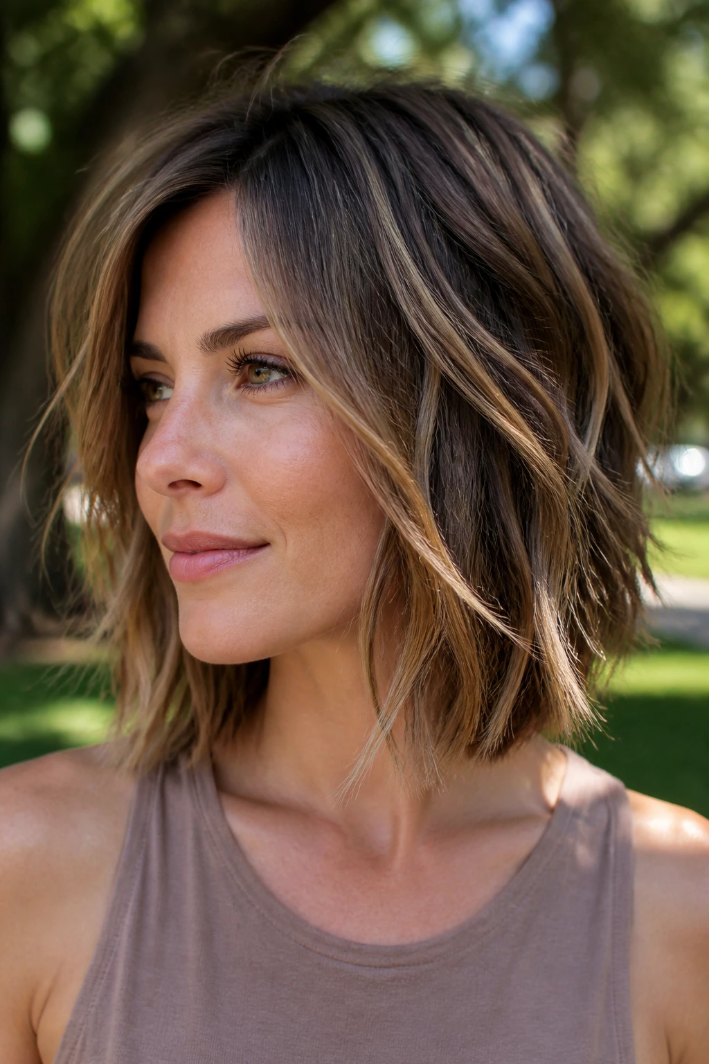 Portrait of a woman with a choppy textured lob showing piecey ends in natural light.