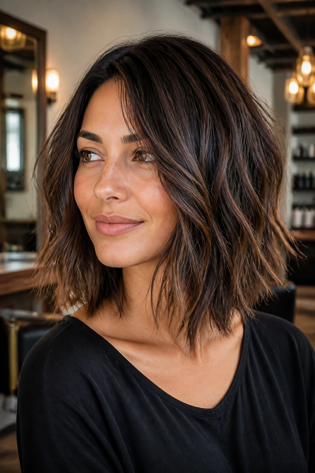 Close-up of a woman with a choppy textured lob in warm salon light.