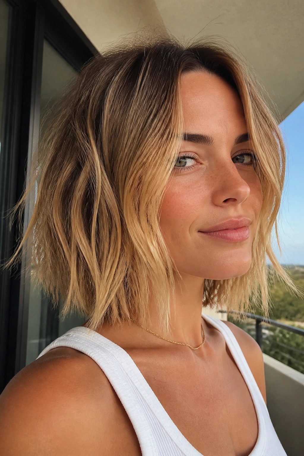 Close-up of a real woman with The Choppy Textured Lob showing mid-length texture under daylight
