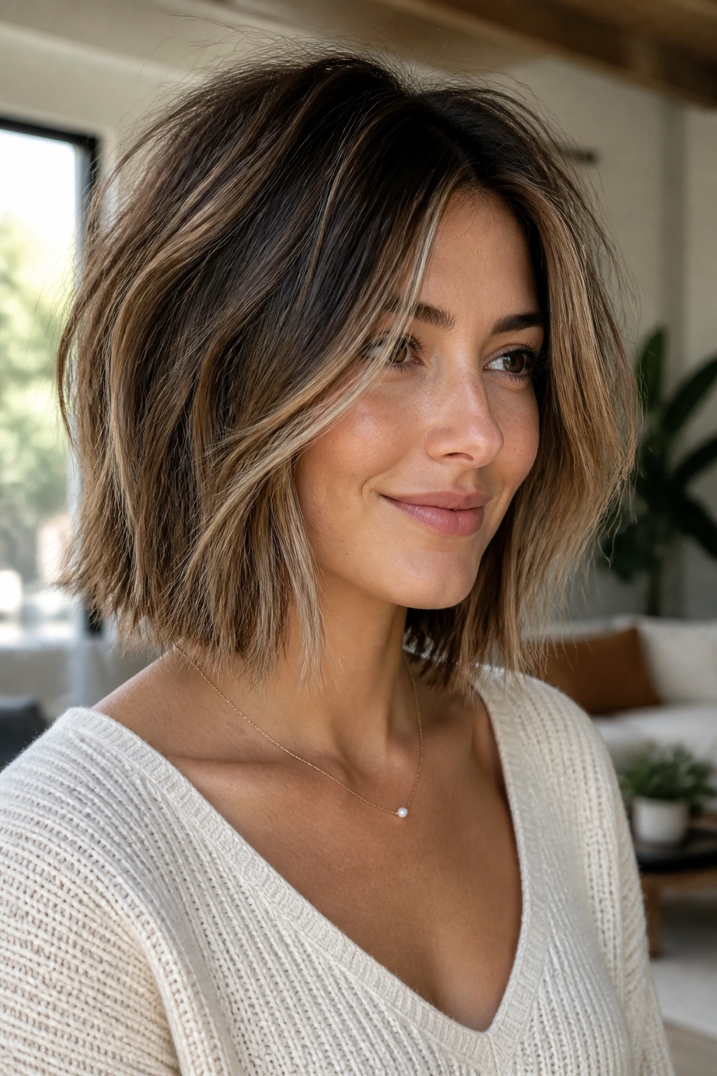 Close-up of real woman with choppy textured lob in bright living room light