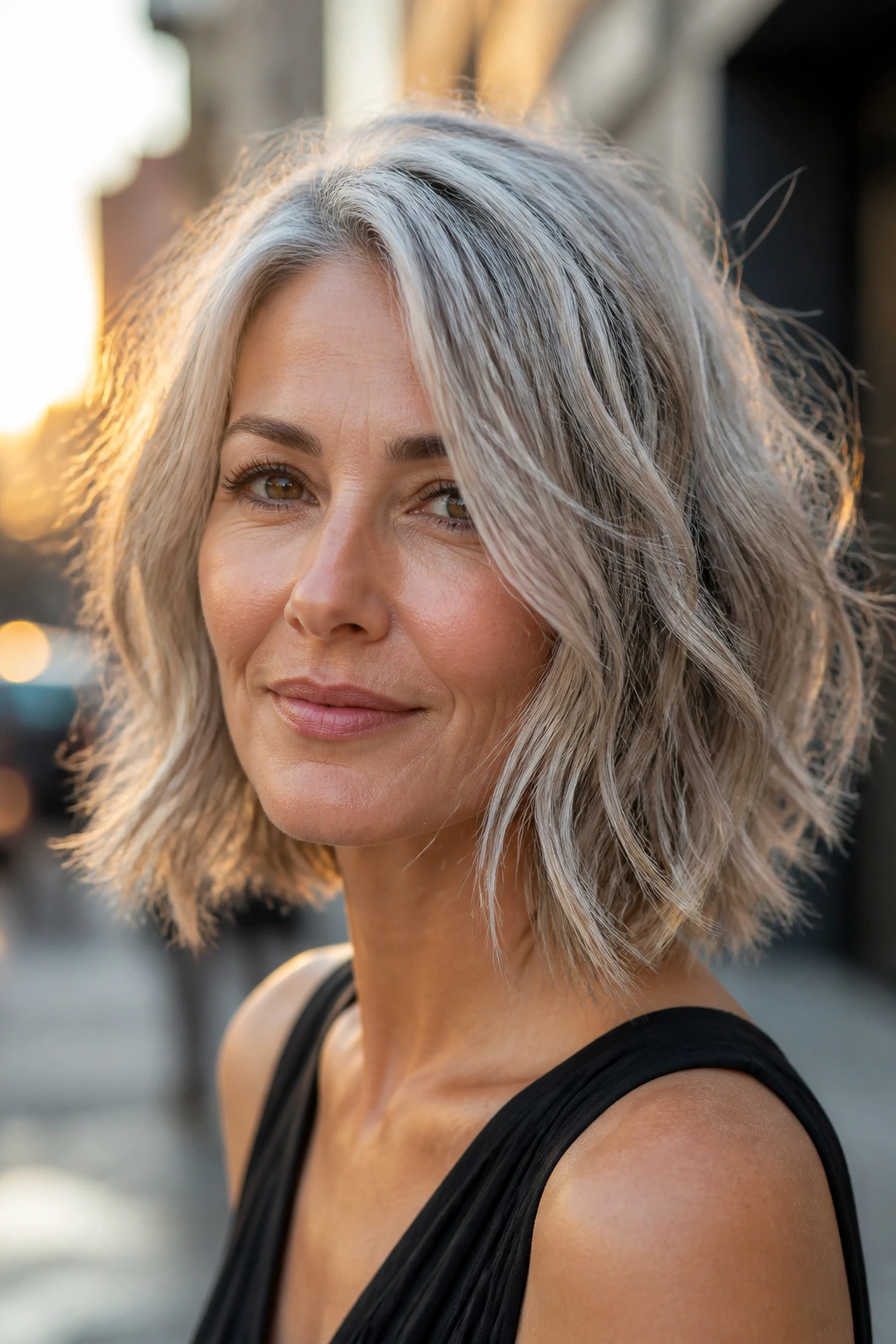 Close-up portrait of a real person with choppy textured lob and piecey ends on a city street.