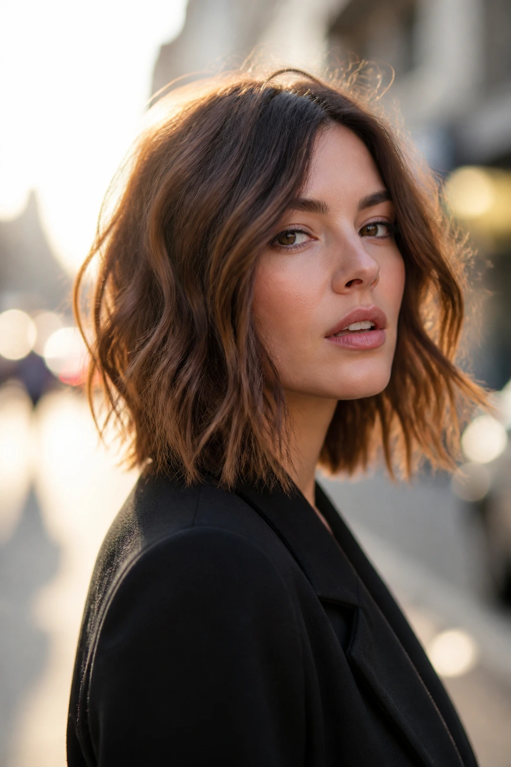 Close-up portrait of a woman with a choppy textured lob on city street