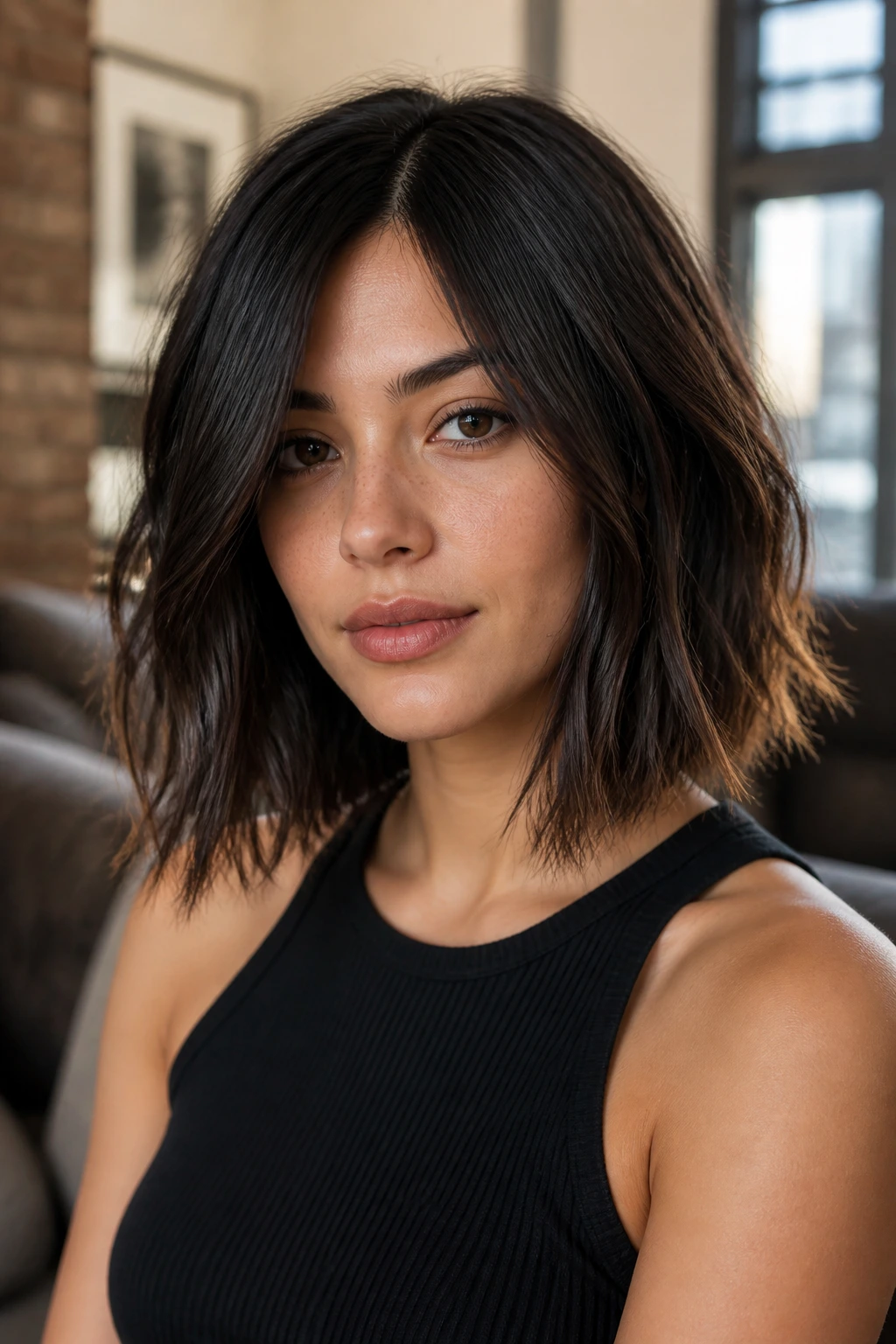 Real person with choppy textured lob showing piecey lower-end ends