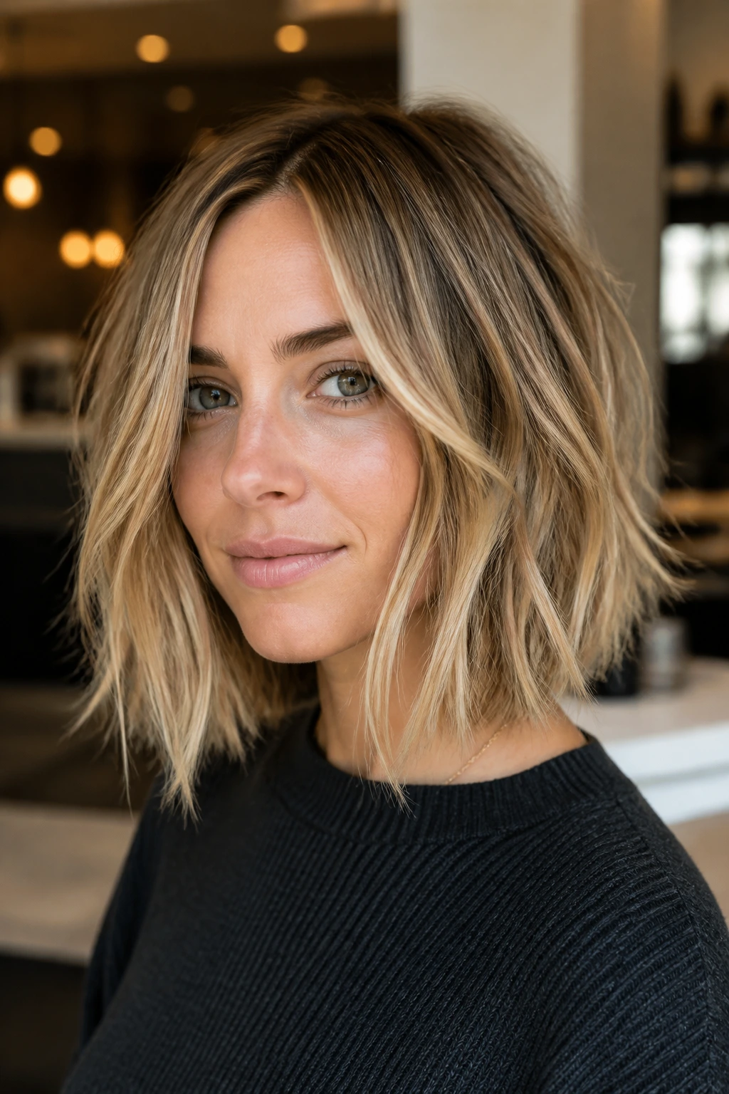 Close-up portrait of a real person with a choppy textured lob showing surface texture and a solid perimeter.