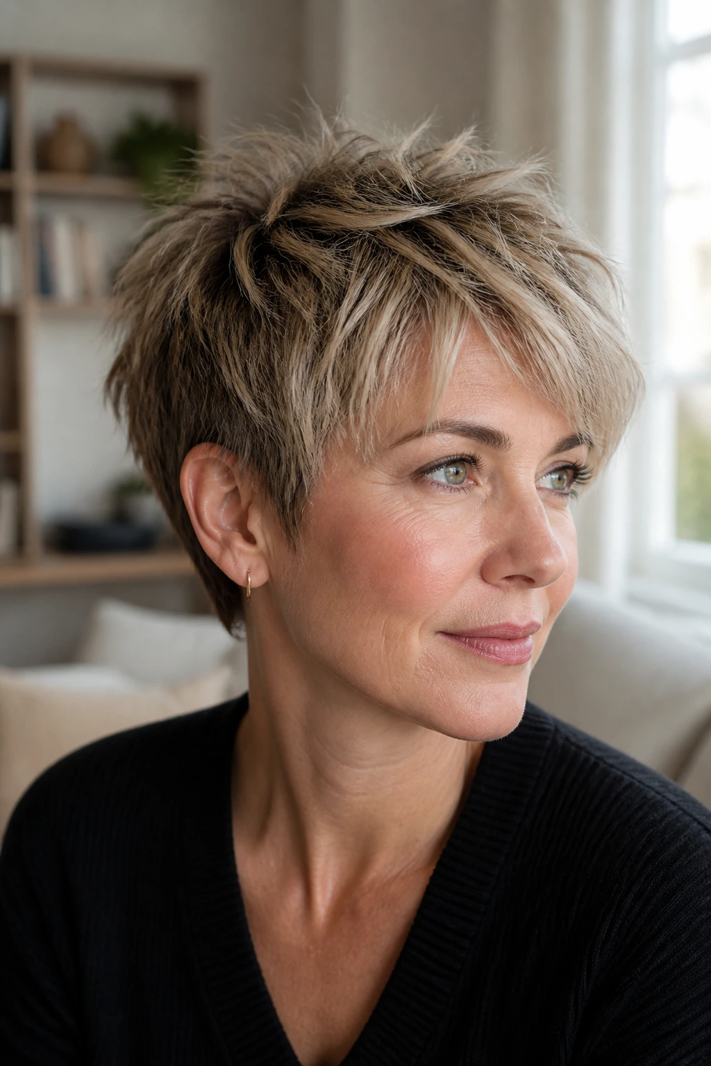 Real person with a choppy textured pixie