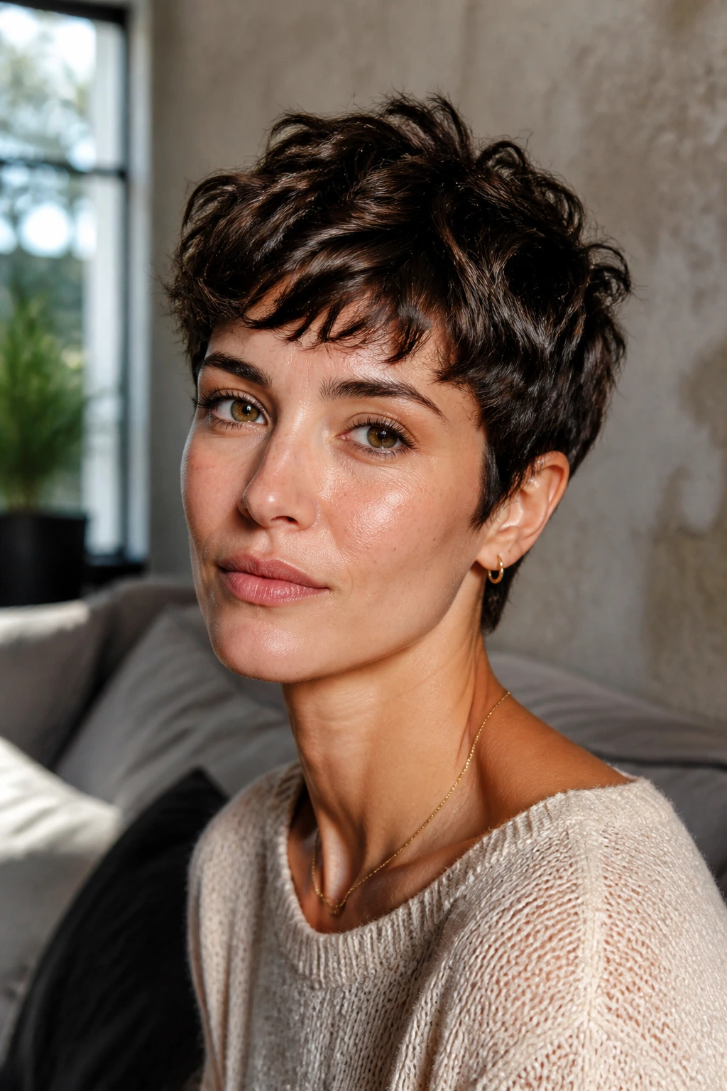 Portrait of a person with choppy textured pixie featuring uneven layers and matte finish