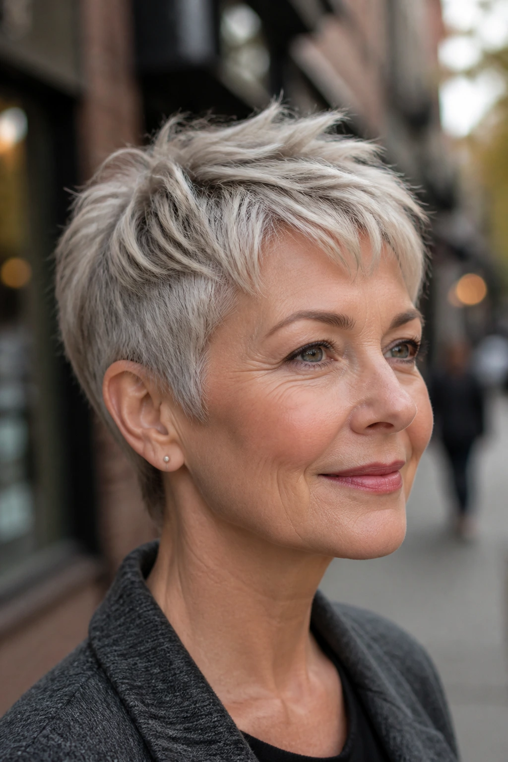 Real woman with choppy textured pixie showing irregular layers.