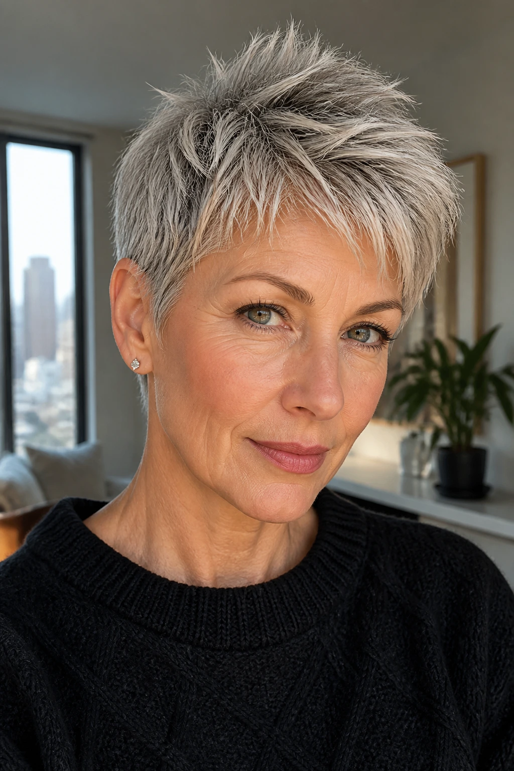 Close-up of a woman with a choppy textured pixie in bright light