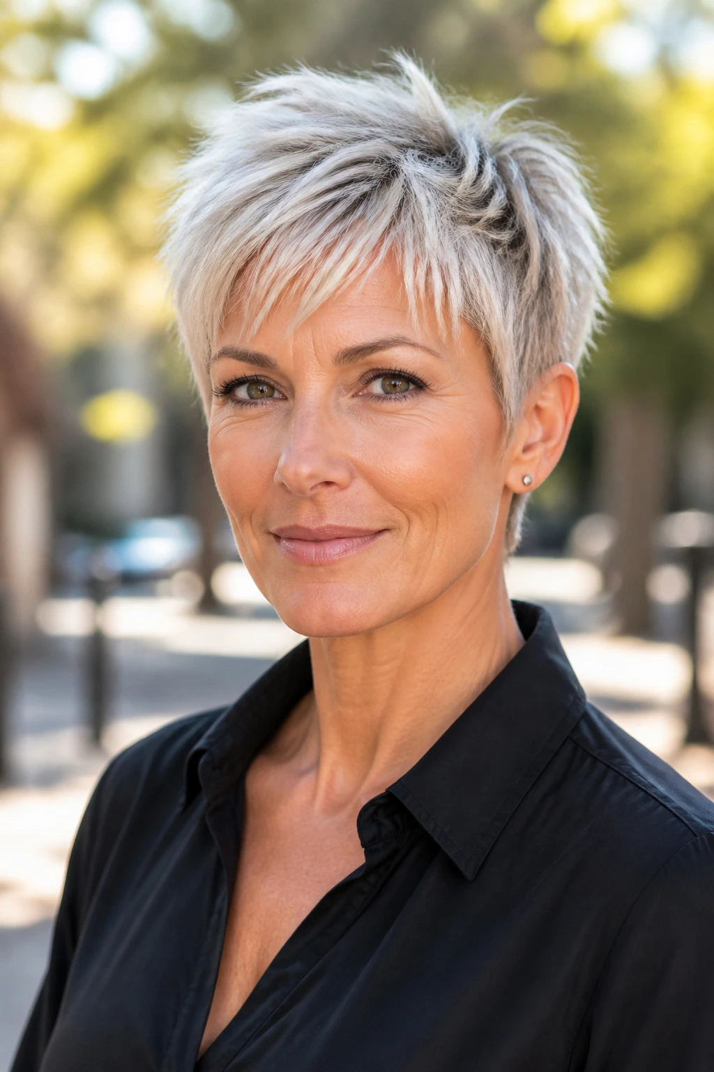 Real woman with choppy textured pixie in an outdoor urban setting