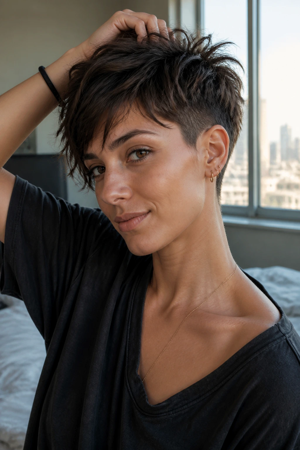 Real person portrait with choppy textured undercut pixie