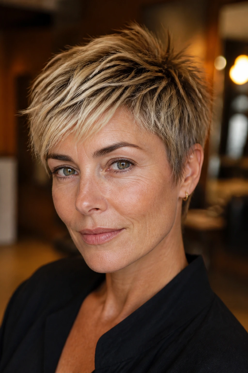 Close-up portrait of a real woman with a choppy textured pixie showing tousled top