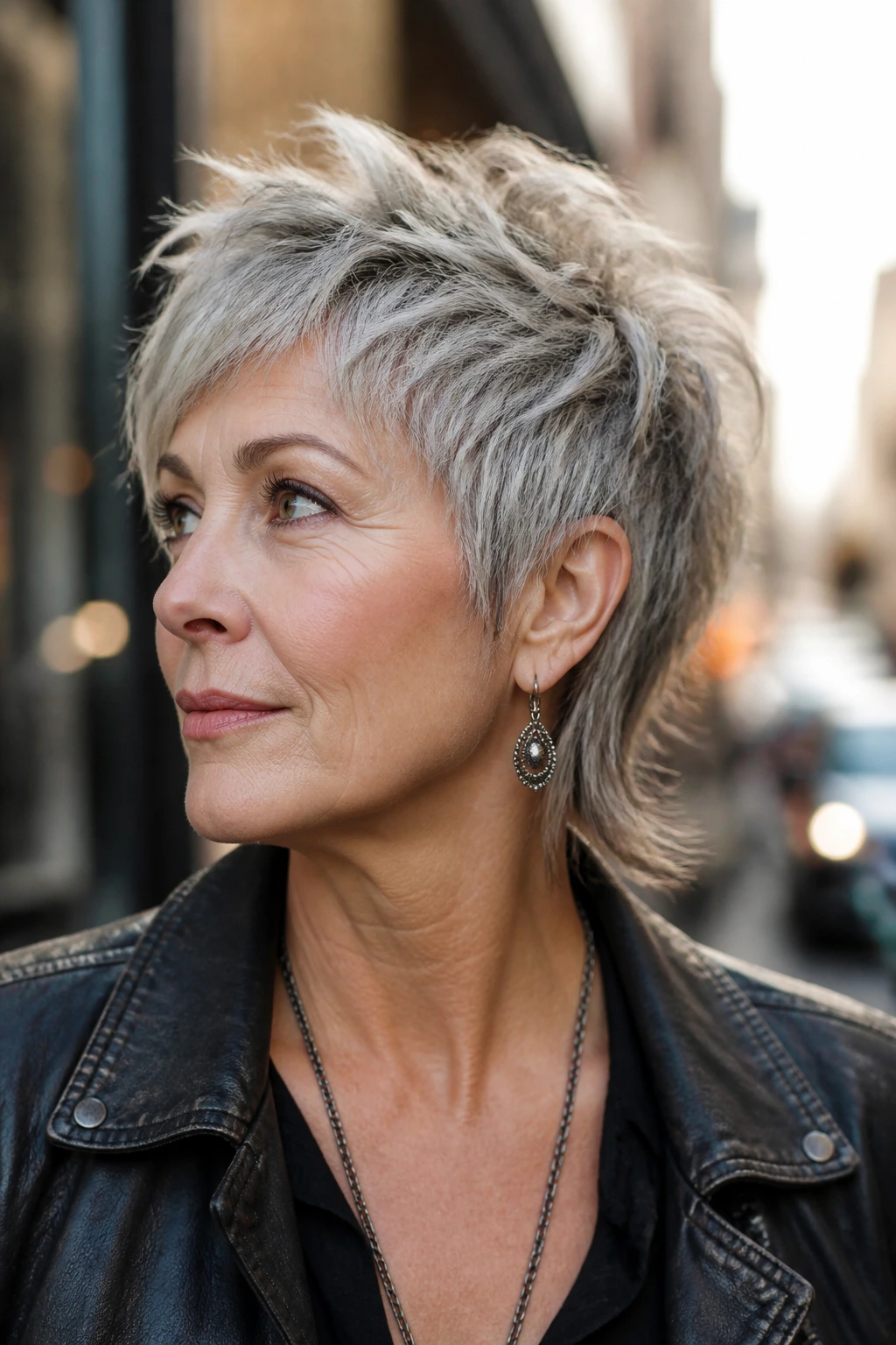 Close-up of an older woman with choppy textured pixie mullet.