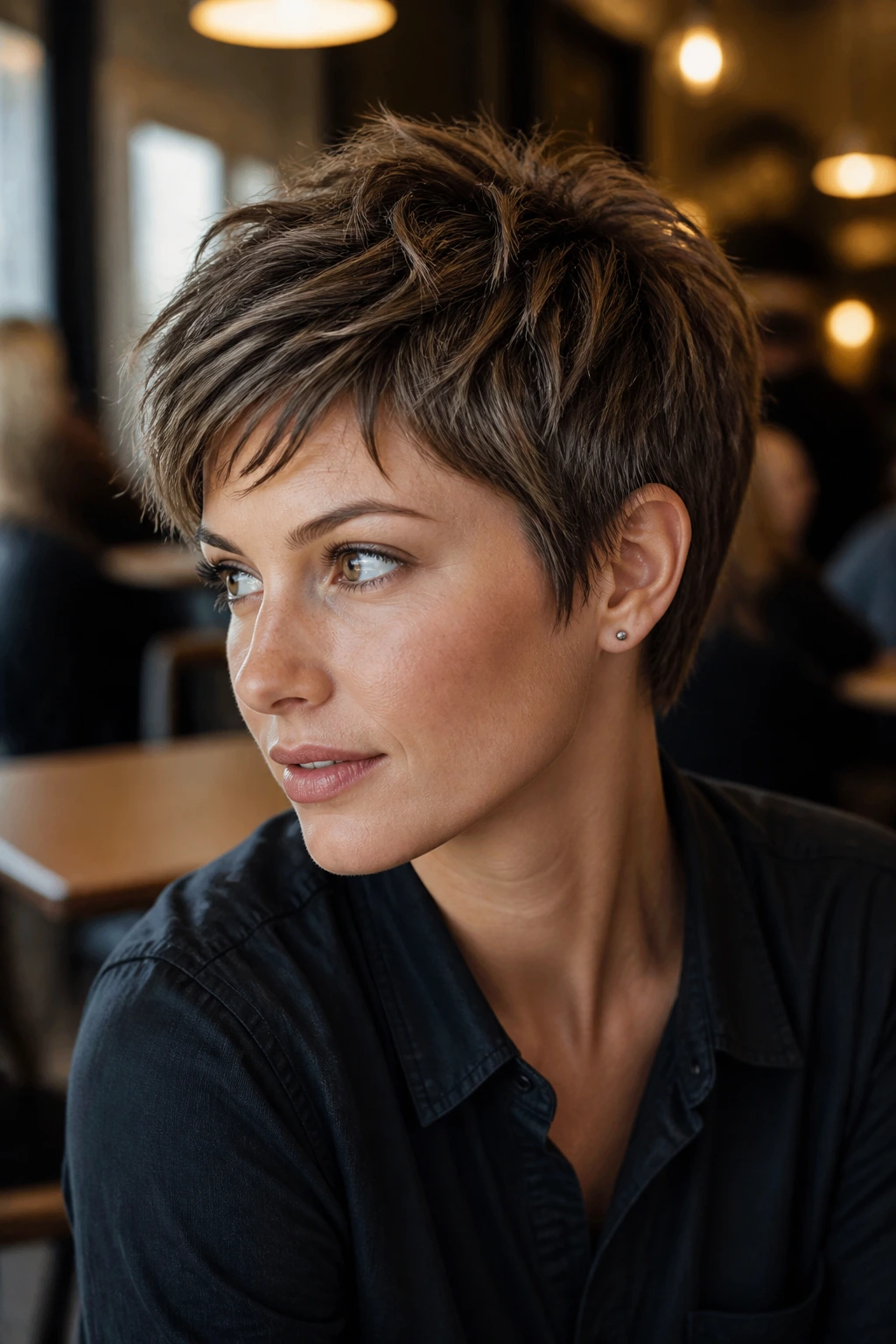 Portrait of woman with choppy textured pixie showing piecey ends and matte finish in a cafe setting.