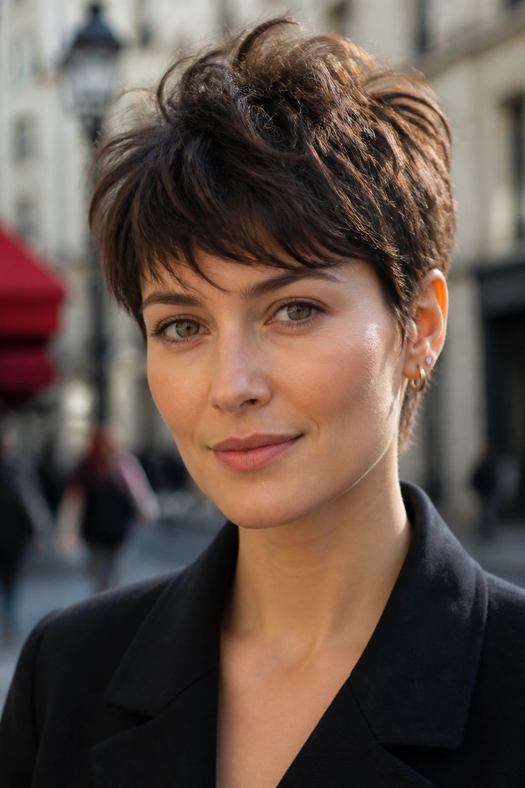 Portrait of a woman with a choppy textured pixie showing edge and movement in daylight