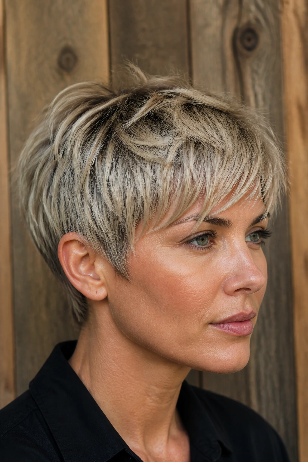 Portrait of a person with a choppy textured pixie and visible texture on straight hair