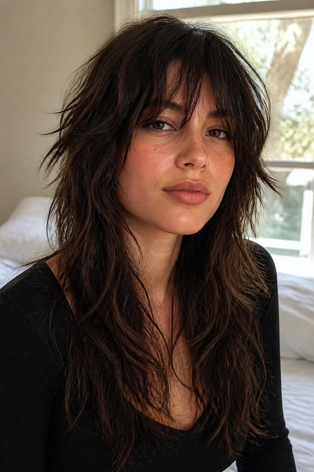 Close-up portrait of a real woman with a choppy textured shag and long layered hair in soft window light