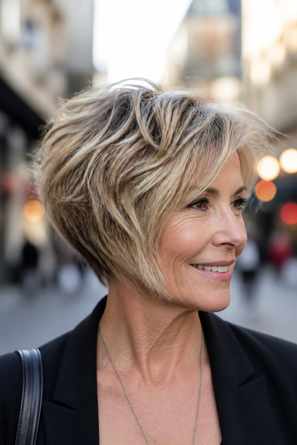 Close-up of a woman with choppy textured stacked bob on city street