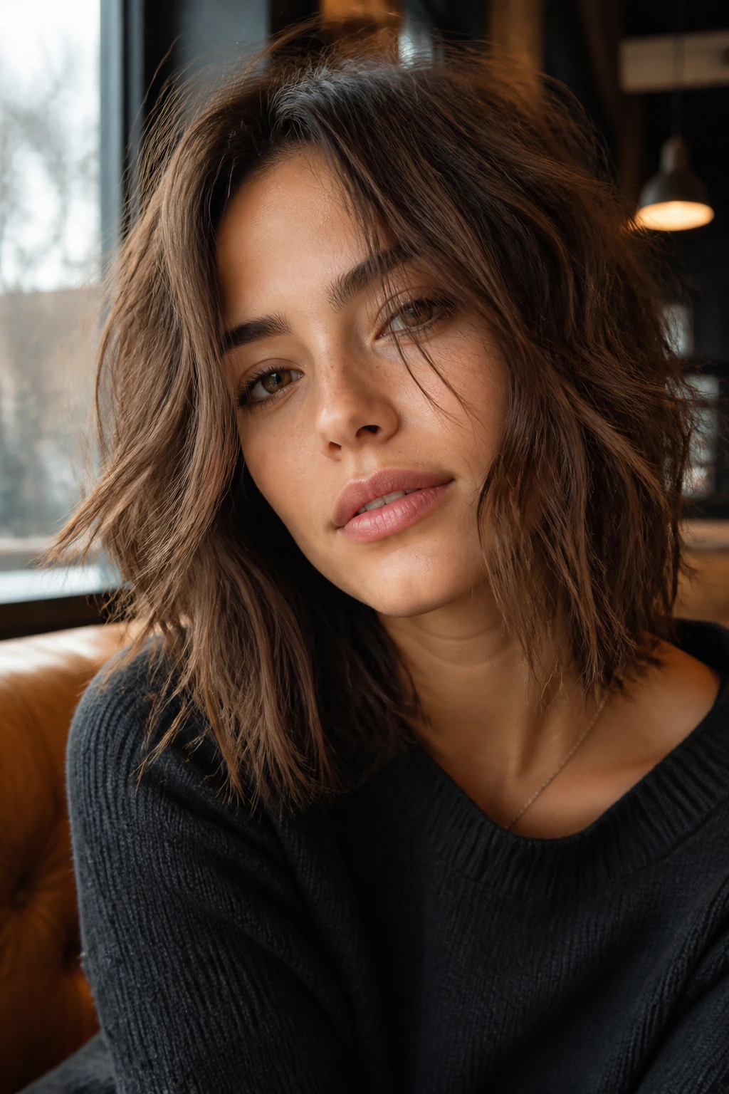 Close-up portrait of a real woman with a choppy undone lob and textured ends