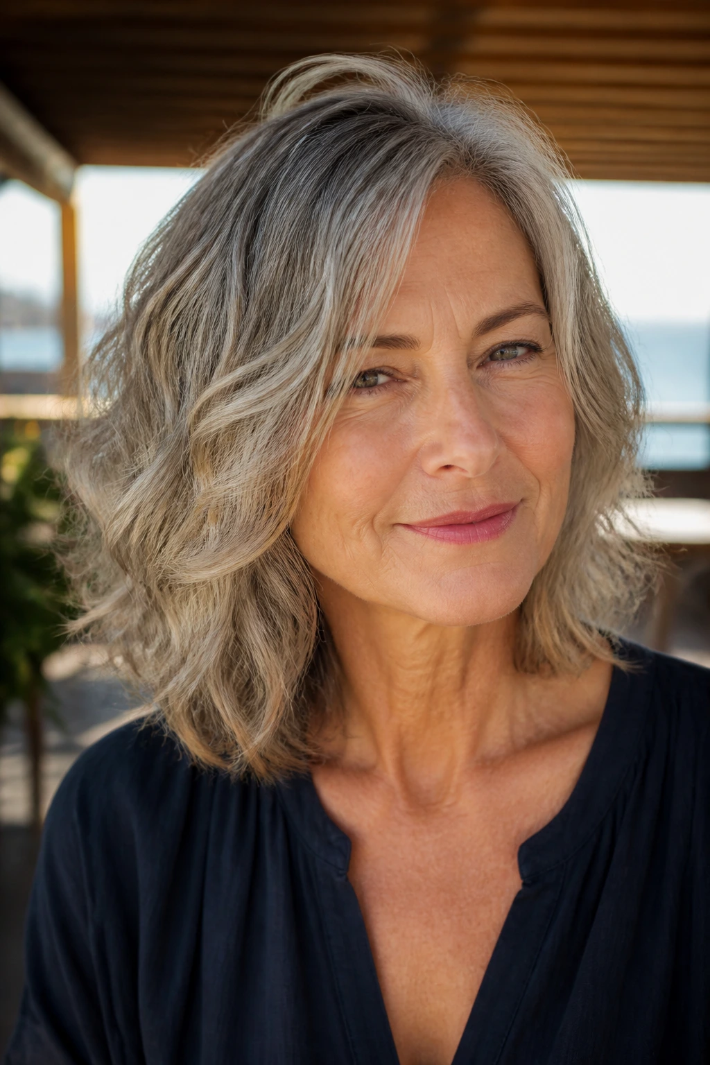 Real woman with choppy wavy lob on a sunlit coastal patio