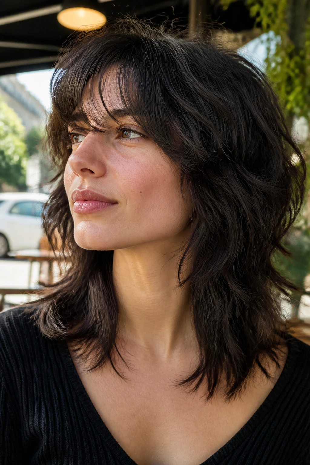Close-up of a real person with a thick, choppy wolf cut outdoors in sunlight