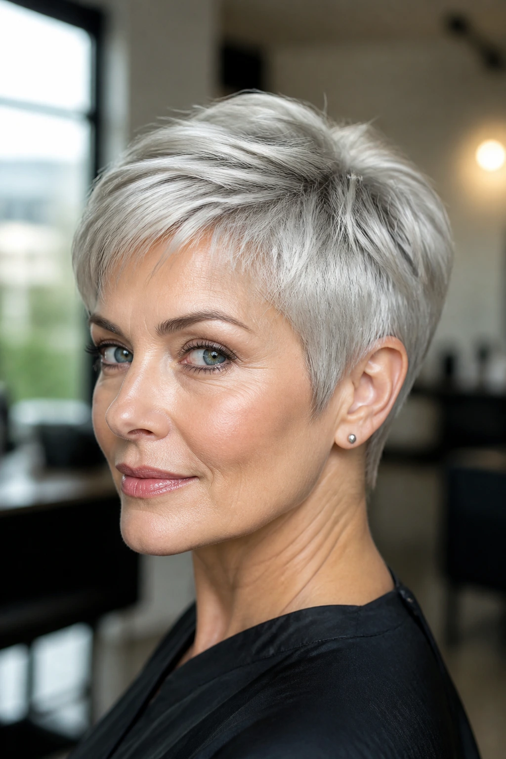 Close-up portrait of a real person with a short pixie cut in bright chrome silver hair