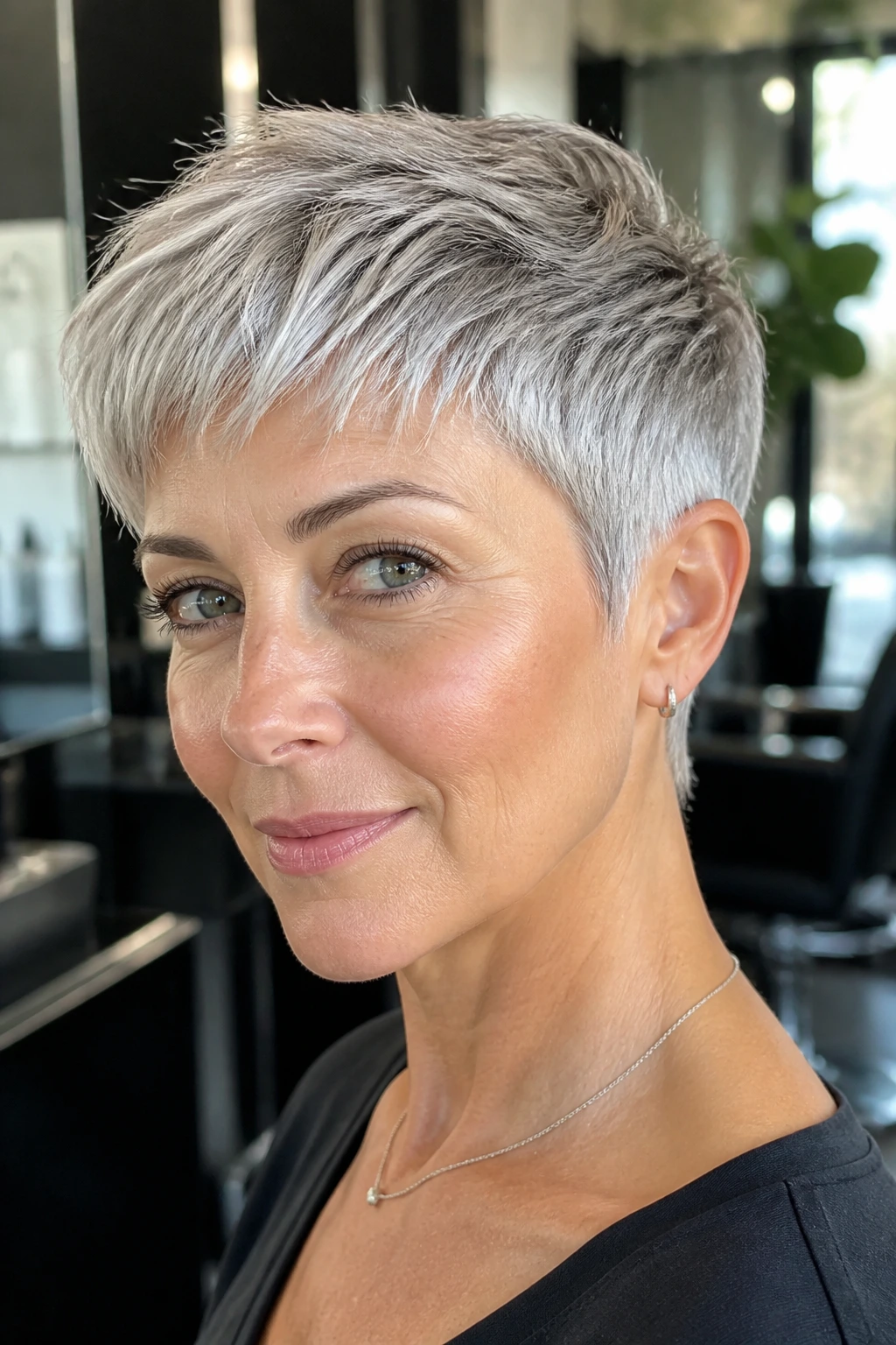 Close-up portrait of a real woman with chrome pixie cut in a modern salon