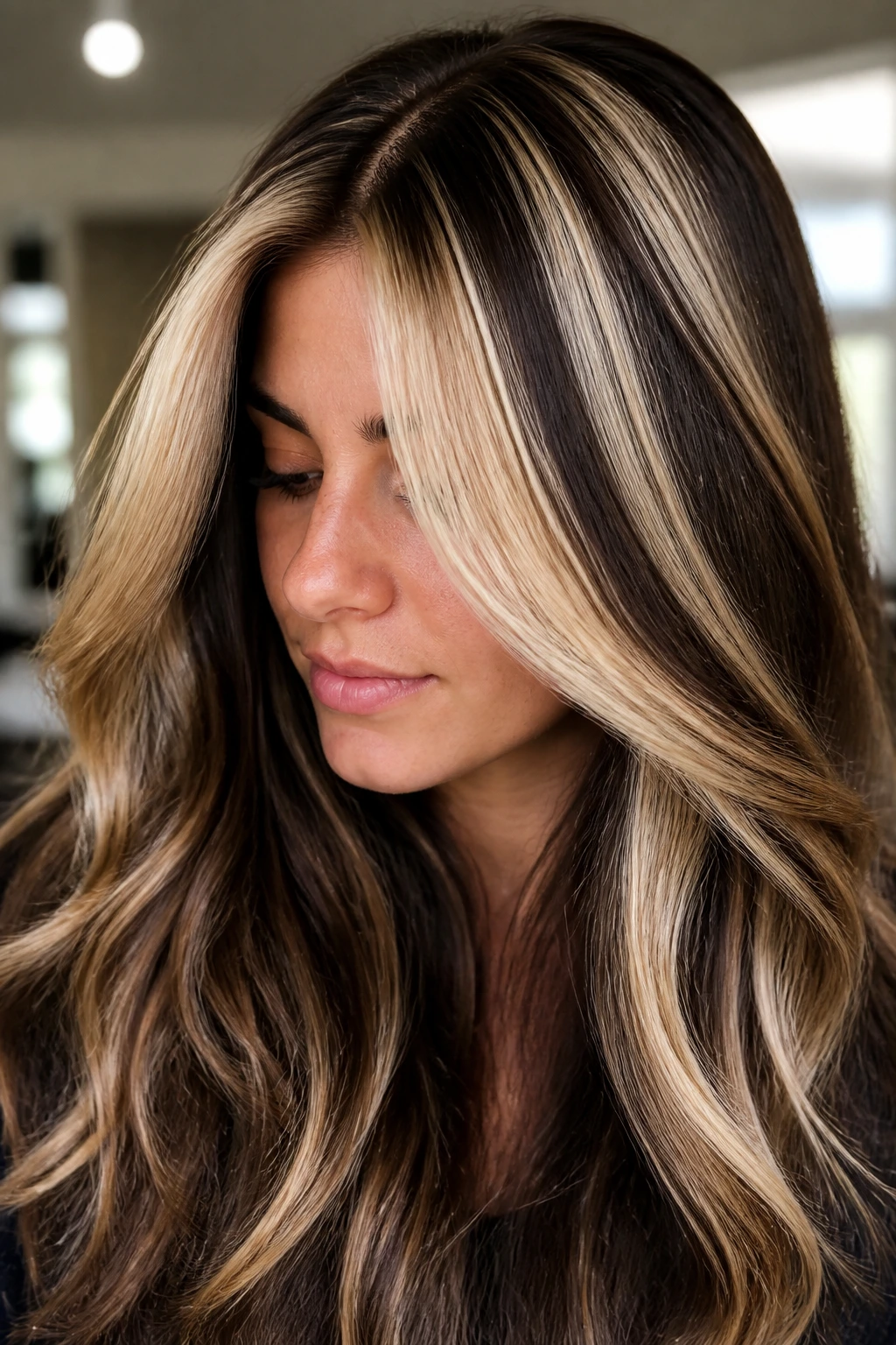 Real person showcasing chunky 90s blonde panels in thick hair