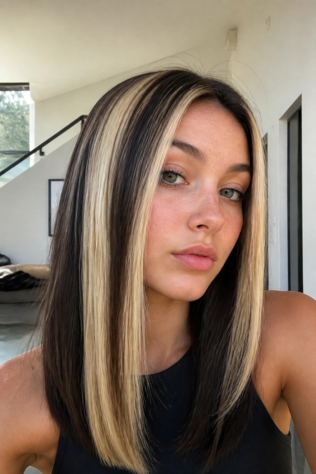 Close-up of straight hair with chunky 90s streaks in bright modern space