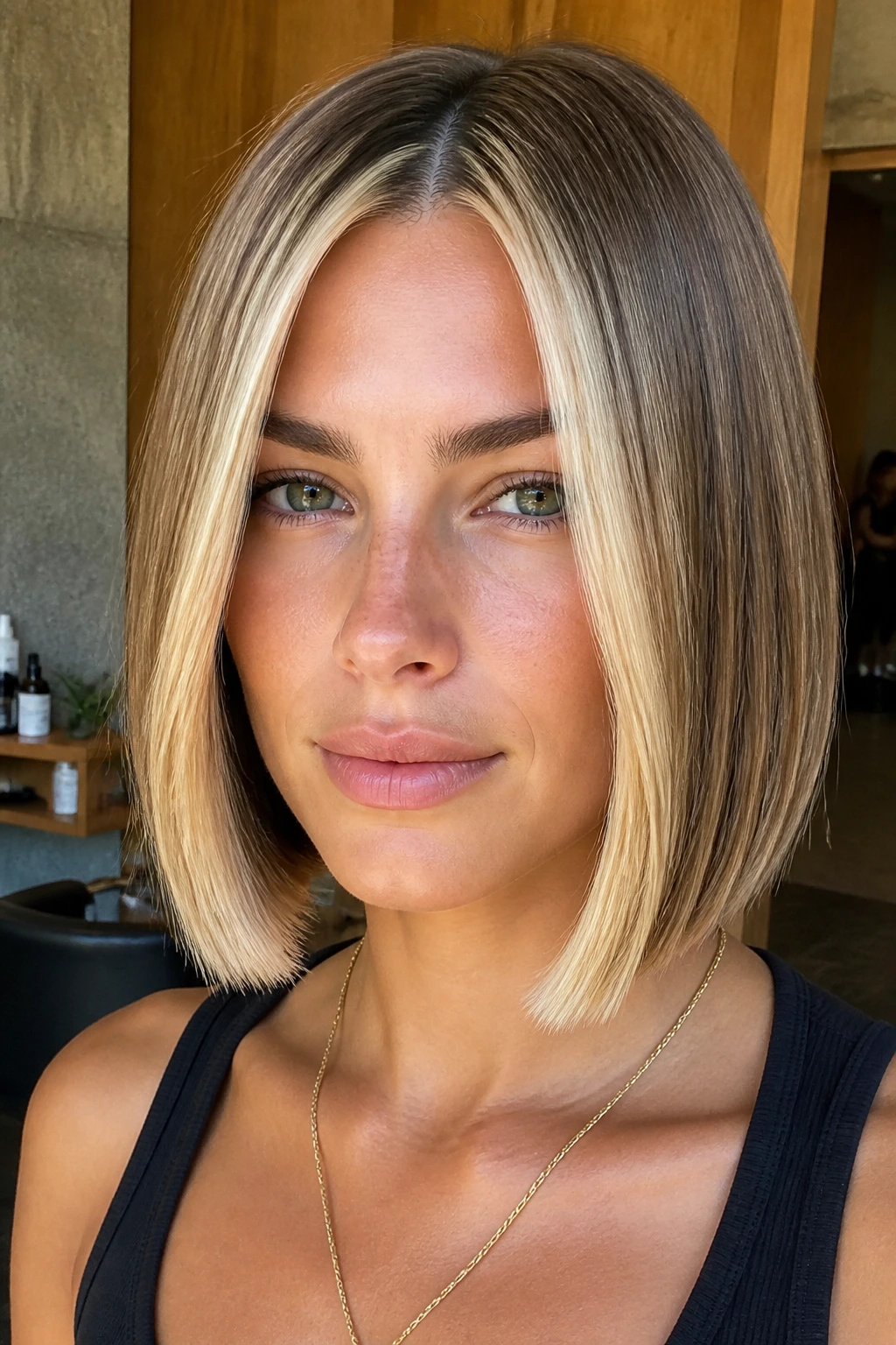 Blunt bob with chunky 90s blonde panels on straight hair