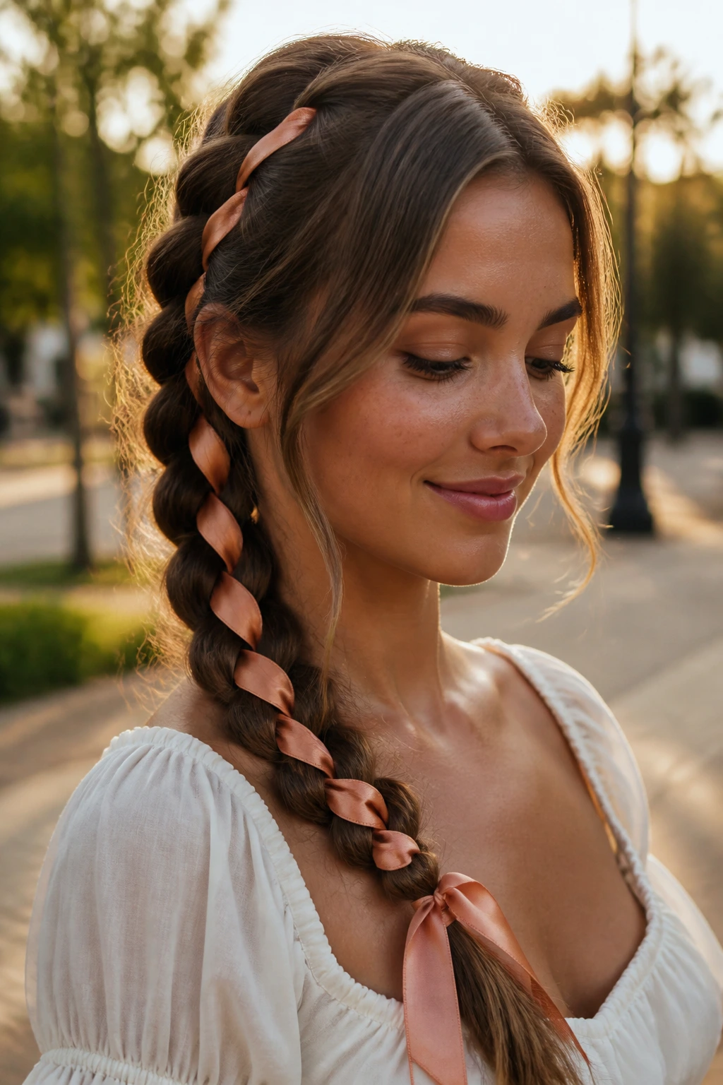 Real woman showing a chunky braid woven with a ribbon outdoors in golden hour light