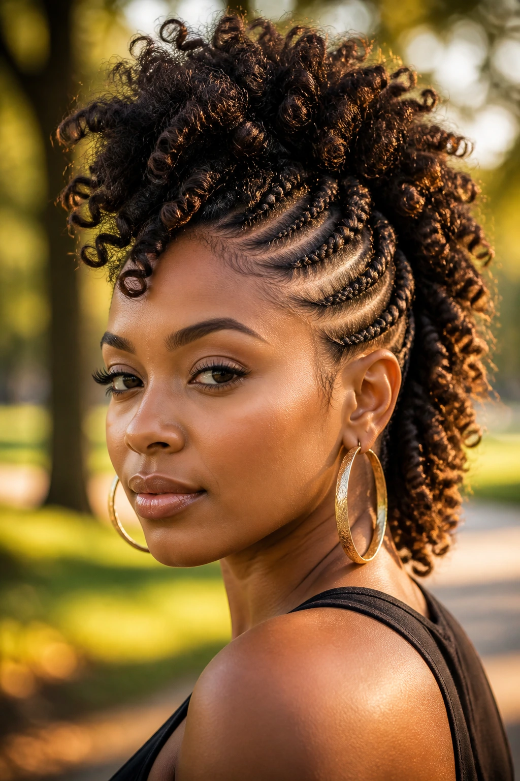 Real woman with chunky cornrow and curl mohawk in natural light