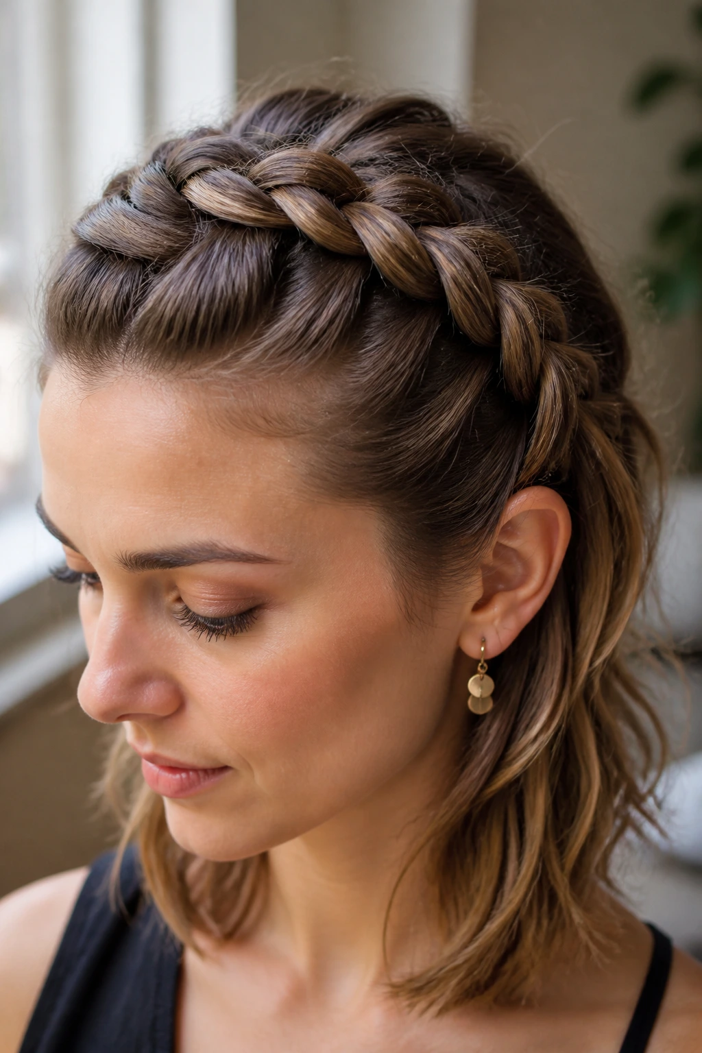 Close-up portrait of a woman with a chunky Dutch braid along the scalp
