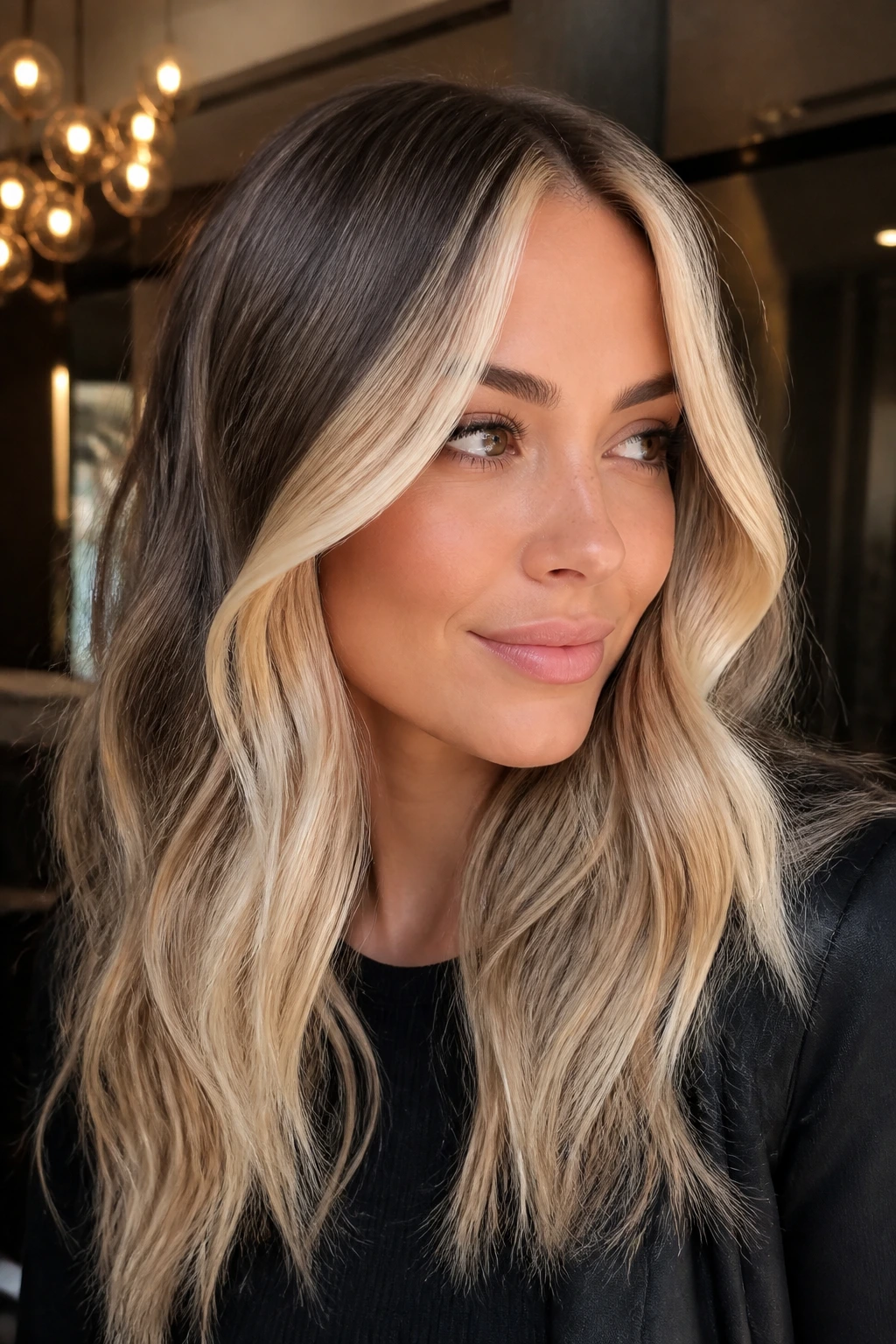Real person with chunky champagne face-framing highlights around the front of the hair.